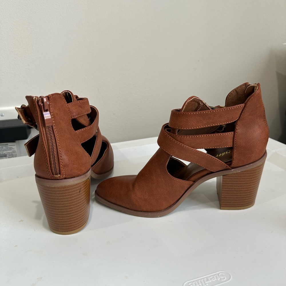 Brown Ankle Boots with Cutout Details and Chunky Heel